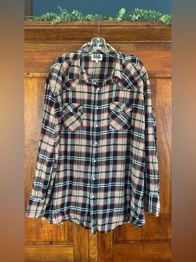 Ely Cattleman Black, Beige & Red Plaid Flannel Shirt